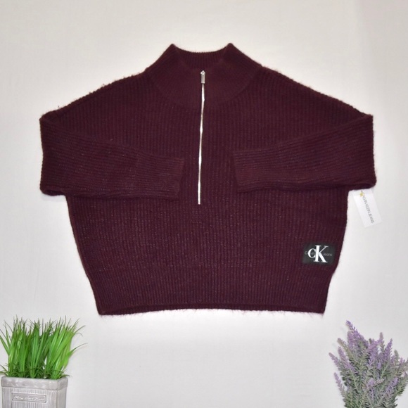 Calvin Klein Sweaters - New! CALVIN KLEIN Half Zip Crop Sweater Burgundy Size L